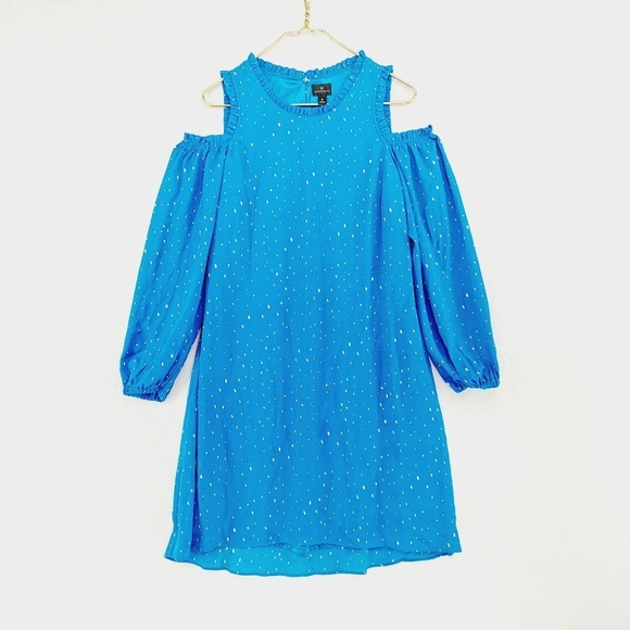 Worthington Light Blue White Spots Cold Shoulder Long Sleeve Midi Dress P6658 - Picture 1 of 7